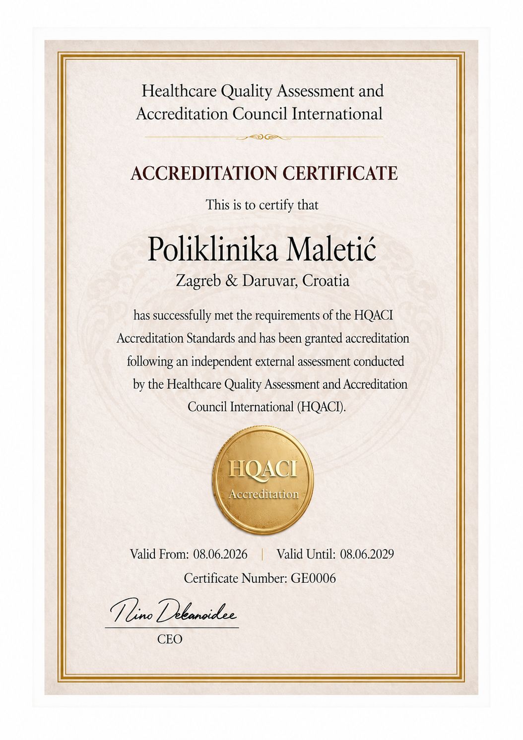 Poliklinika Maletić — Certificate No. GE0006