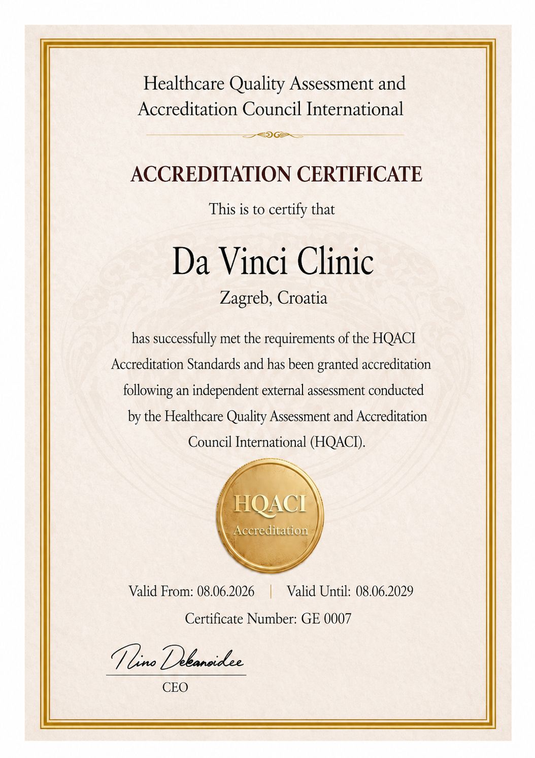 Da Vinci Clinic — Certificate No. GE0007